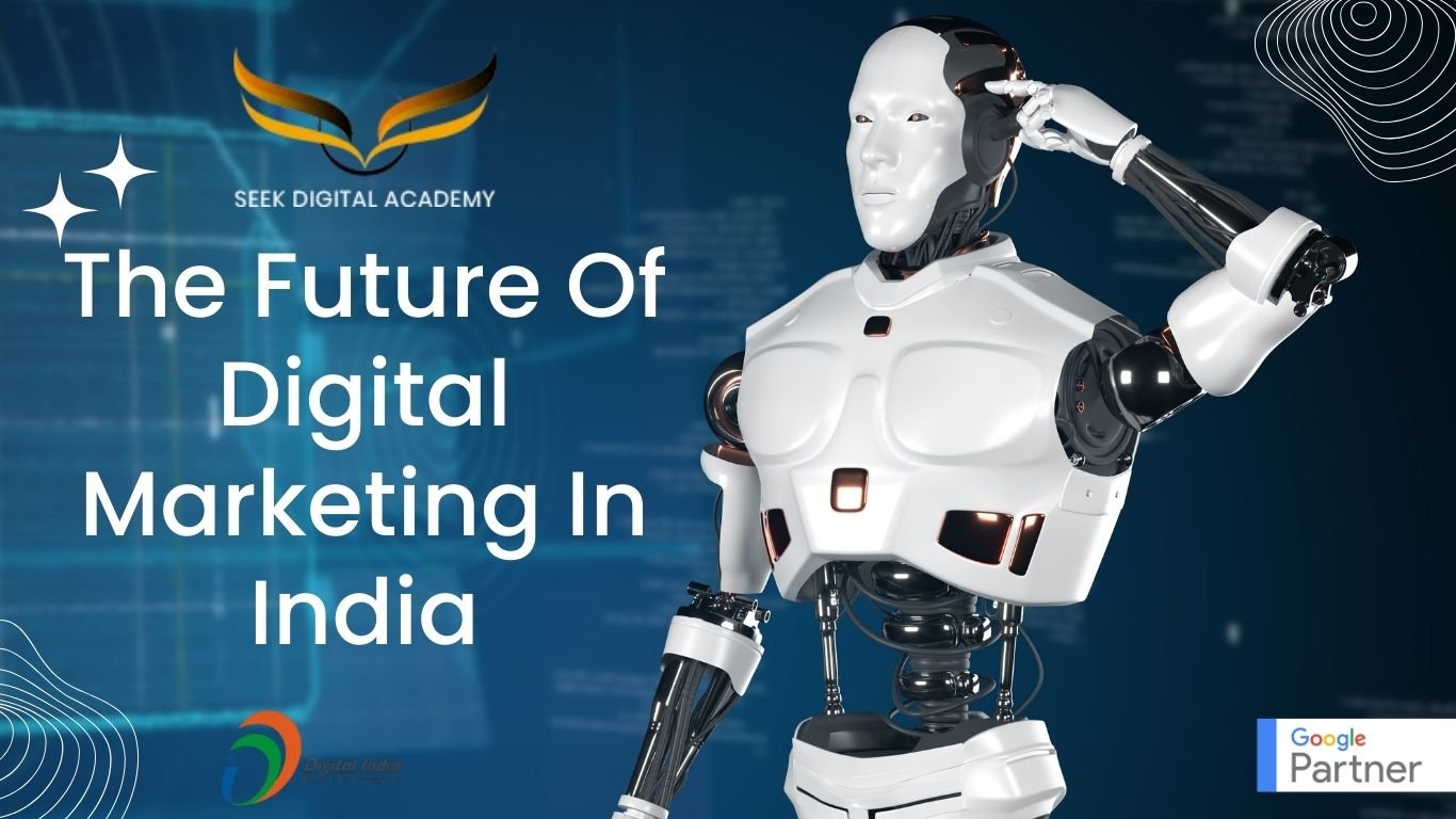 "Illustration of digital marketing tools and trends in India, highlighting key future trends like AI, voice search, video marketing, and local SEO, with a focus on Seek Digital Academy."